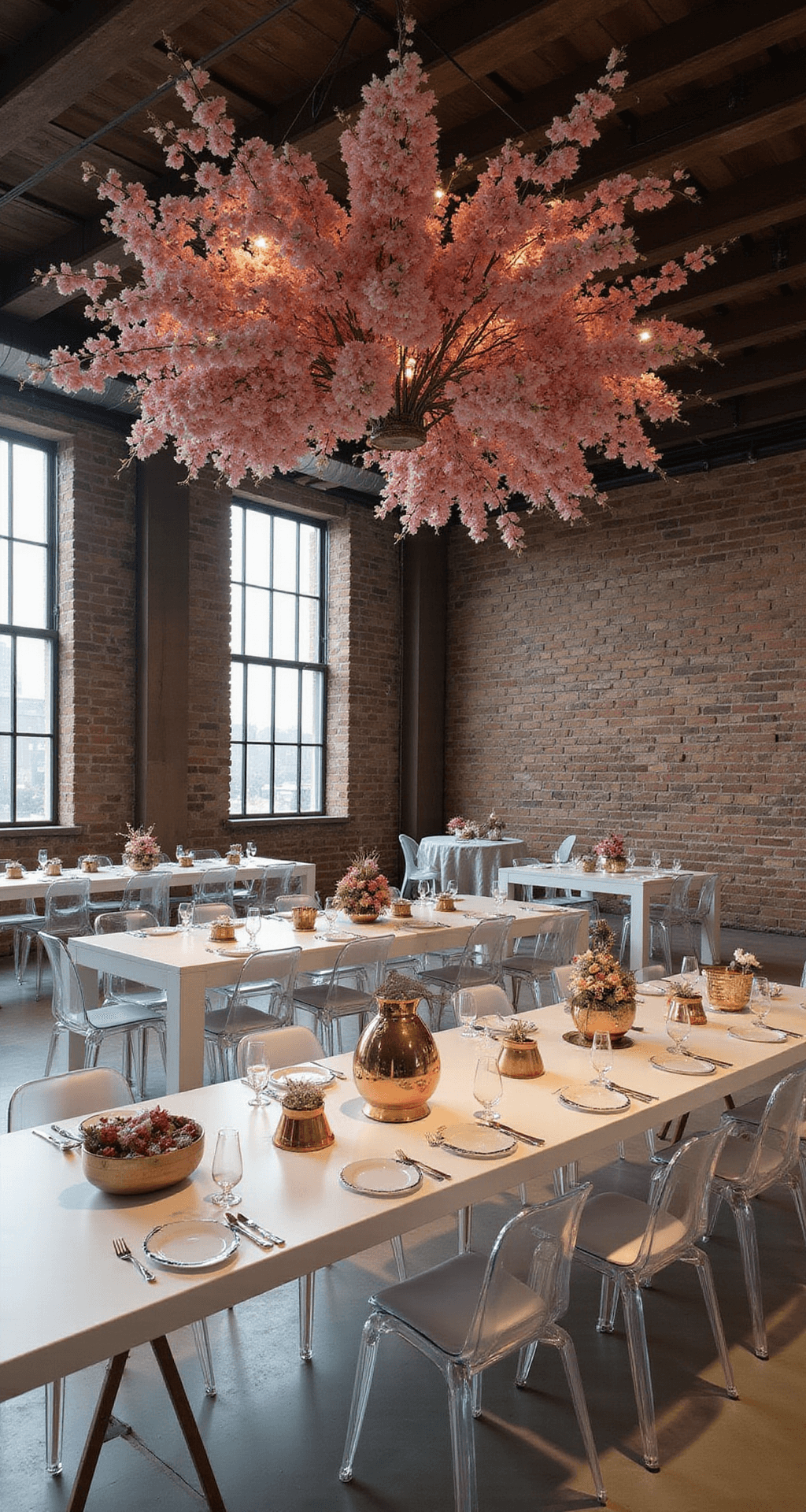 A contemporary minimalist engagement celebration set in an industrial loft space, featuring ombré pink floral installations suspended from exposed beams, clean white tables with geometric metallic centerpieces and single stem flowers, ghost chairs, and modern blush-toned lounge furniture, all under moody evening lighting that highlights the architectural details.