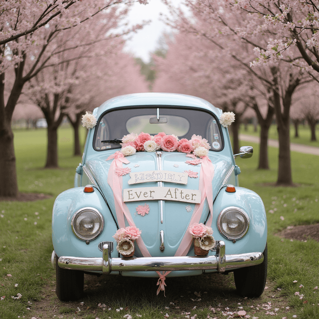 A vintage Volkswagen Beetle decorated with colorful paper flowers and ribbon streamers is set in a blooming cherry orchard, with a 'Happily Ever After' sign adding to the whimsical atmosphere, all bathed in soft morning light.