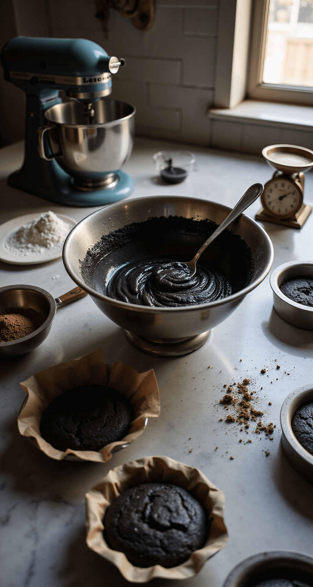 A professional kitchen with warm lighting showcases a KitchenAid mixer on a marble countertop, surrounded by deep black cake batter, arranged ingredients, a vintage brass kitchen scale, and dark cake pans, all contributing to a moody atmosphere.