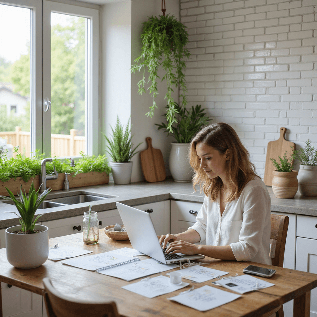 A sunlit kitchen with eco-friendly wedding planning items: lush potted plants, bamboo decorations, and glass containers. A laptop displaying paperless invitations is the focal point, surrounded by white subway tiles, concrete countertops, wooden cutting boards, and a windowsill herb garden.