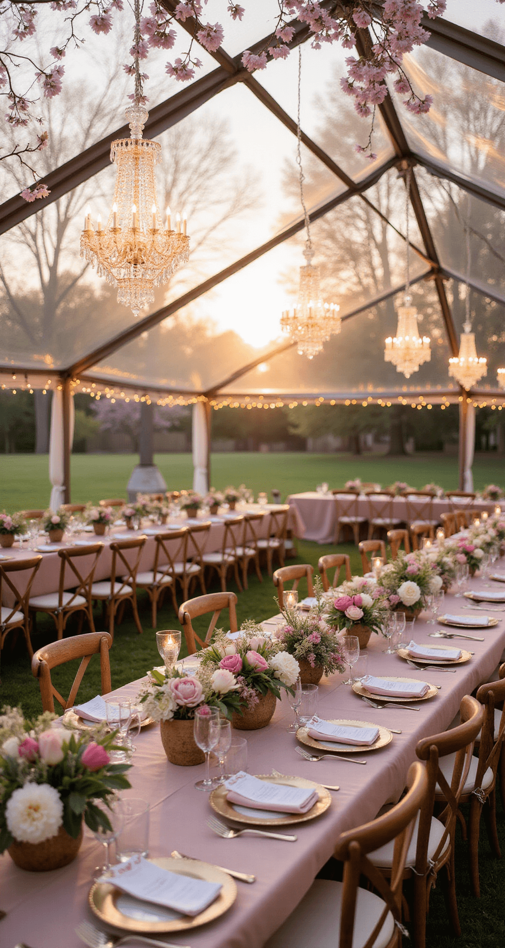 A wide-angle view of a clear-top tent wedding reception at golden hour, with soft spring light shining through cherry blossoms above. Long farm tables are elegantly set with blush silk linens, vintage crystal chandeliers, floral arrangements in log vessels, gold-rimmed chargers, dusty rose napkins, and calligraphy place cards. Wooden cross-back chairs surround the tables and fairy lights glisten against the clear tent ceiling.
