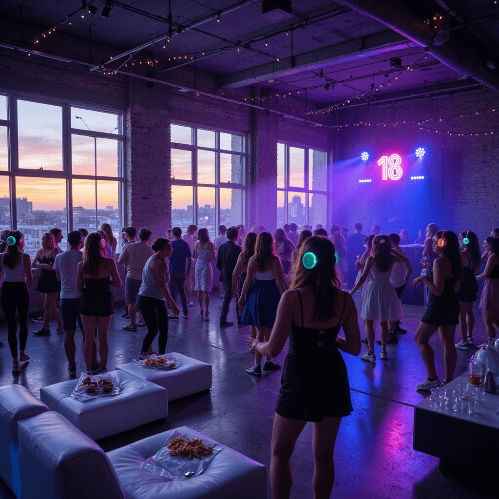 A vibrant wide-angle view of a glamorous Silent Disco in a modern loft at twilight, featuring teens dancing with colorful illuminated headphones, industrial windows showcasing a purple-orange sunset, string lights overhead, deep blue uplighting on exposed brick walls, lounge areas with white leather sofas, a DJ booth with neon '18' signage, and minimalist buffet tables with drinks and food displays.