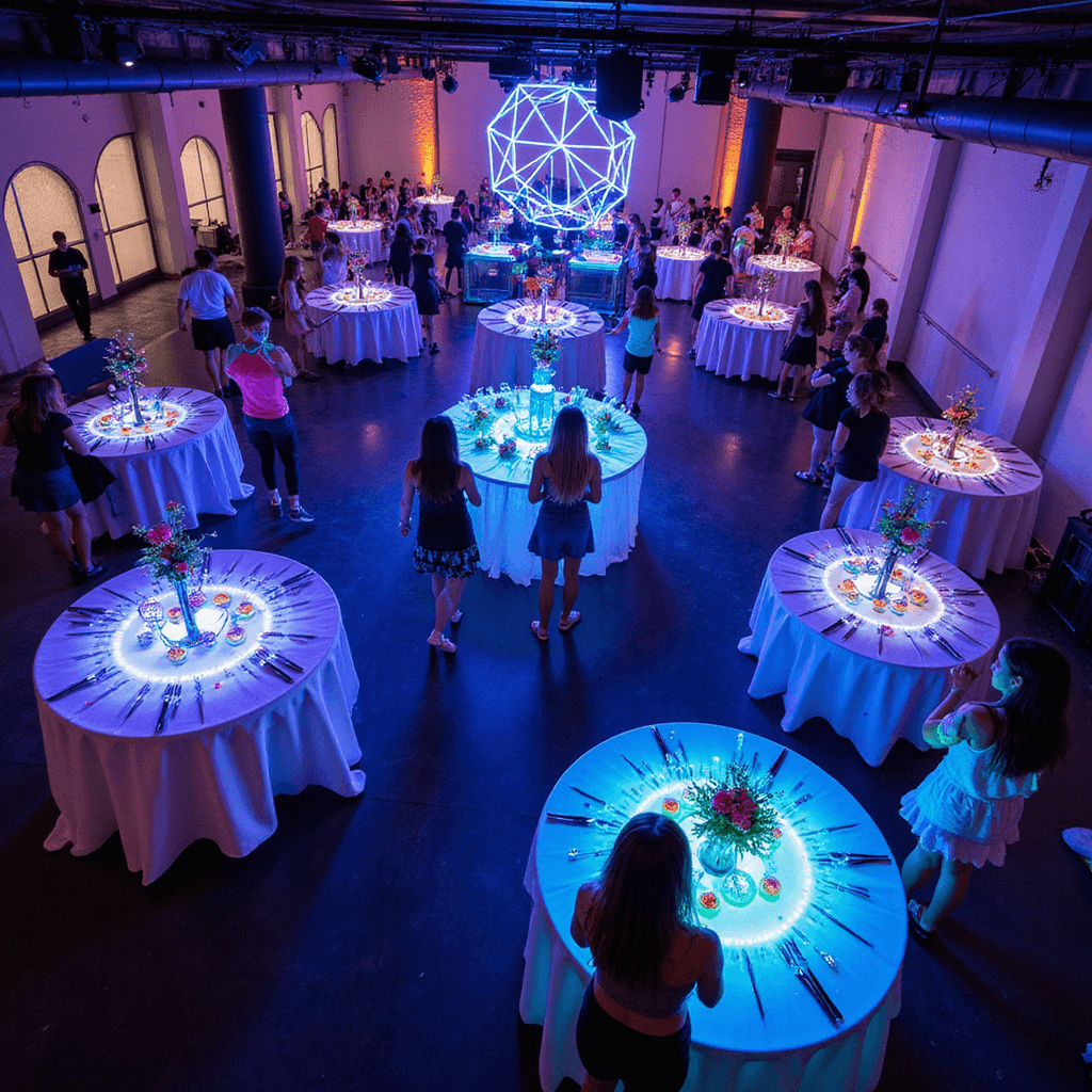 An overhead view of a vibrant Neon Glow Party in a basement venue, illuminated by blacklight. Circular tables with UV-reactive linens showcase glowing orbs and neon flower centerpieces. A dessert table displays fluorescent frosted treats and illuminated cotton candy. Teens in neon face paint and glow accessories dance, creating light trails, while geometric LED installations form a futuristic photo backdrop.
