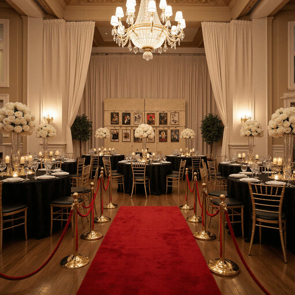 Elegant ballroom transformed with vintage Hollywood glamour, featuring a red carpet entrance, gold stanchions, art deco details, crystal chandeliers, round tables with black sequined linens and white rose centerpieces, a champagne wall with mocktails, a vintage movie poster gallery wall, and gold chiavari chairs.