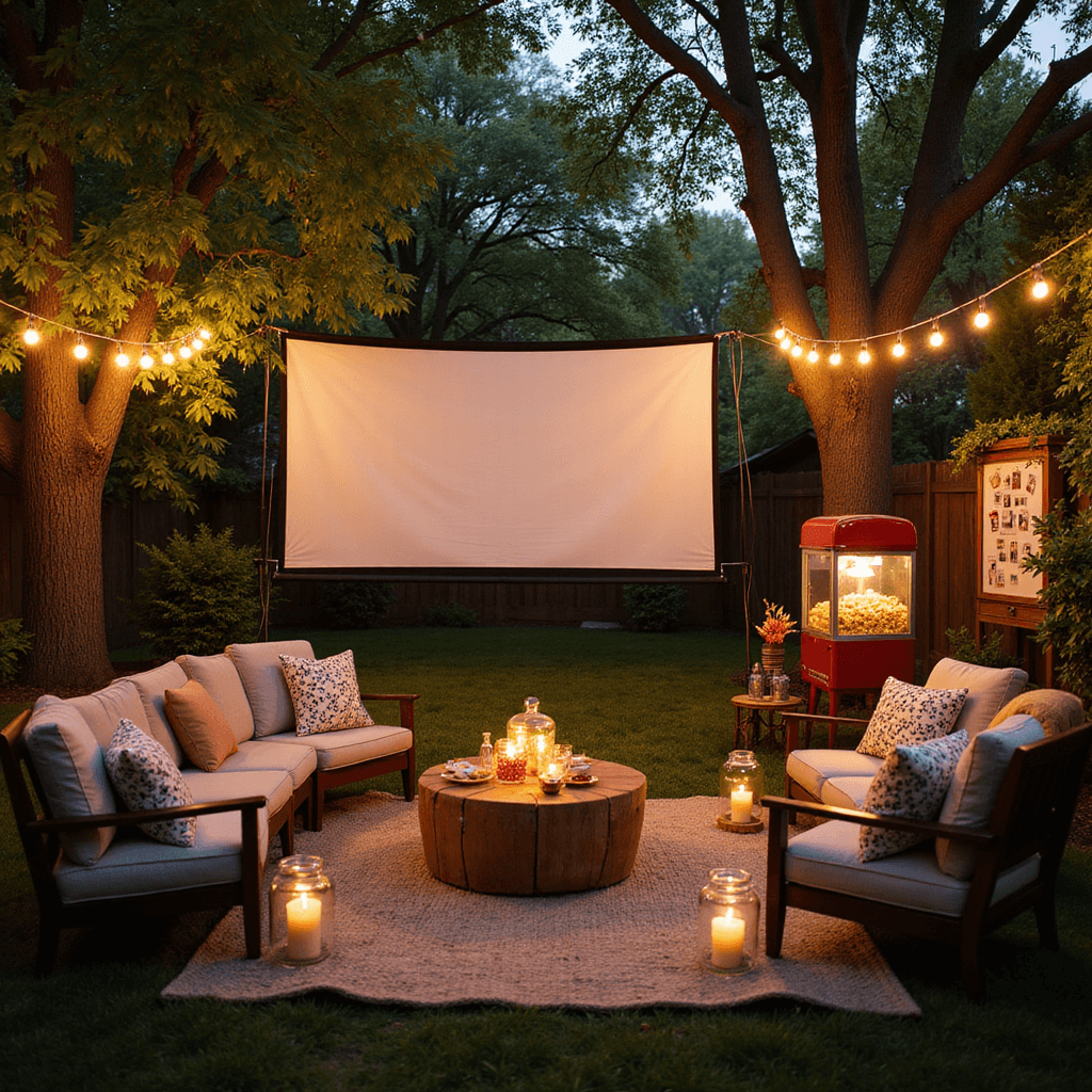 An intimate backyard movie night scene at golden hour, featuring a crisp white projection screen, vintage furniture seating vignettes, a candy bar with classic snacks, ambient lantern lighting, a retro popcorn machine, and a Polaroid photo wall.