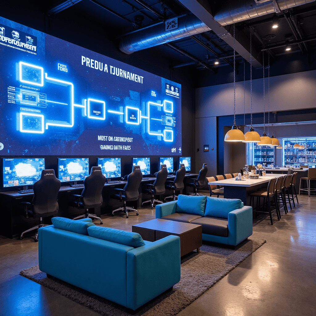 High-energy gaming tournament setup featuring LED-lit consoles, premium gaming chairs, a large digital tournament bracket display, electric blue and charcoal gray lounge areas, illuminated gaming-themed food stations, and a spotlighted trophy display case.