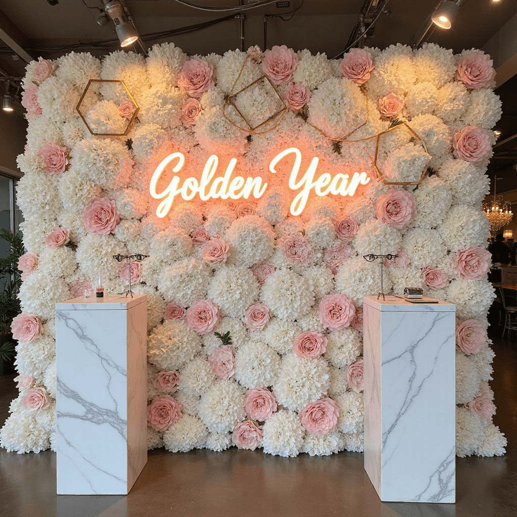 A stylish selfie station featuring a lush flower wall of white and blush roses, gold geometric frames, a glowing neon sign reading 'Golden Year', and marble-top podiums with props, all enhanced by professional lighting.