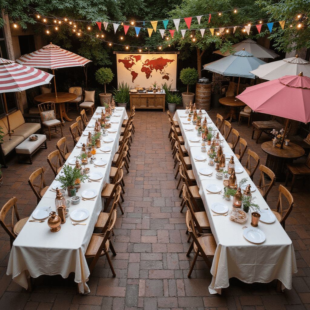 Aerial view of a vibrant international food festival in a string-lit courtyard featuring long ivory-draped tables, rustic food stations with wooden signs, and colorful flag bunting overhead. Copper lanterns and potted herbs enhance the decor, while a world map backdrop with fairy lights offers a photo opportunity amidst lounge areas with vintage seating.