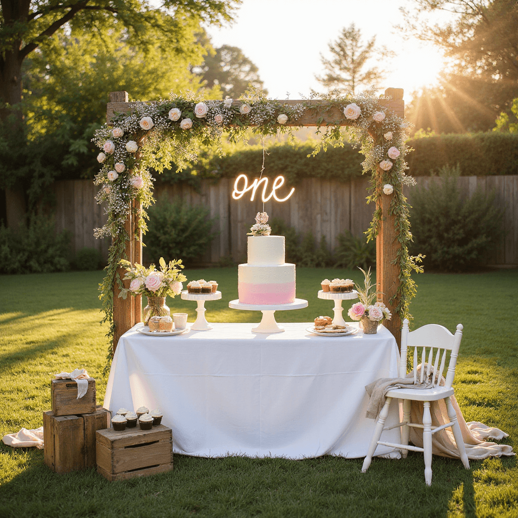 A sunlit first birthday celebration in a backyard featuring a white dessert table with a pastel pink ombré cake, a wooden arch decorated with garden roses, vintage crates with cupcakes, a glowing 'ONE' neon sign, and a charming cake smash area with a vintage high chair.