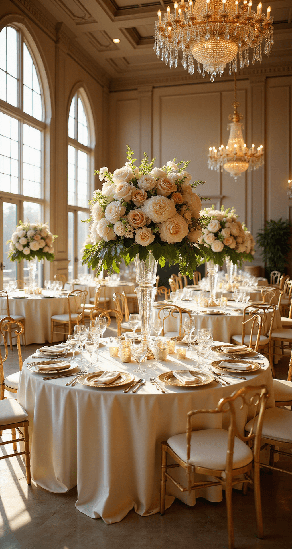 A luxurious ballroom with golden hour light pouring through tall windows, illuminating elegant tables with lush floral centerpieces, crystal chandeliers, and reflective silverware on white silk tablecloths, surrounded by gold Chiavari chairs and soft candlelight.
