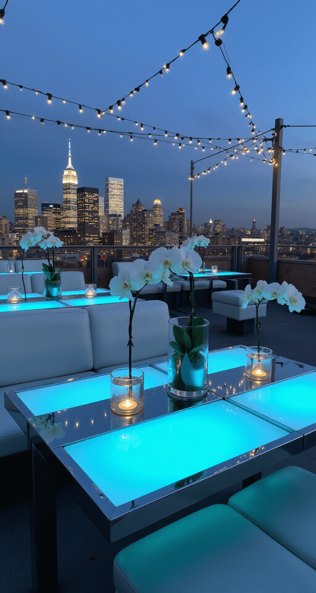 Twilight rooftop venue in NYC with minimalist design, featuring sleek tables with white orchids, chrome and white décor, blue uplighting, string lights, and city skyline view.