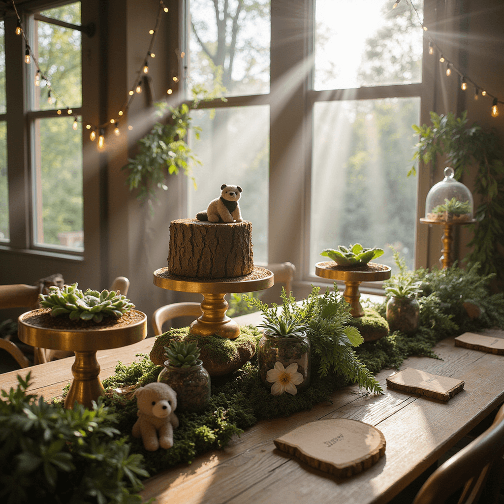 An enchanting indoor celebration illuminated by soft morning light, featuring a woodland-themed dessert display with a bark-textured cake, moss-covered stands, and golden terrariums. Plush forest creatures peek from floral arrangements of white anemones and ferns, with rustic name cards on log slices and twinkle lights above.