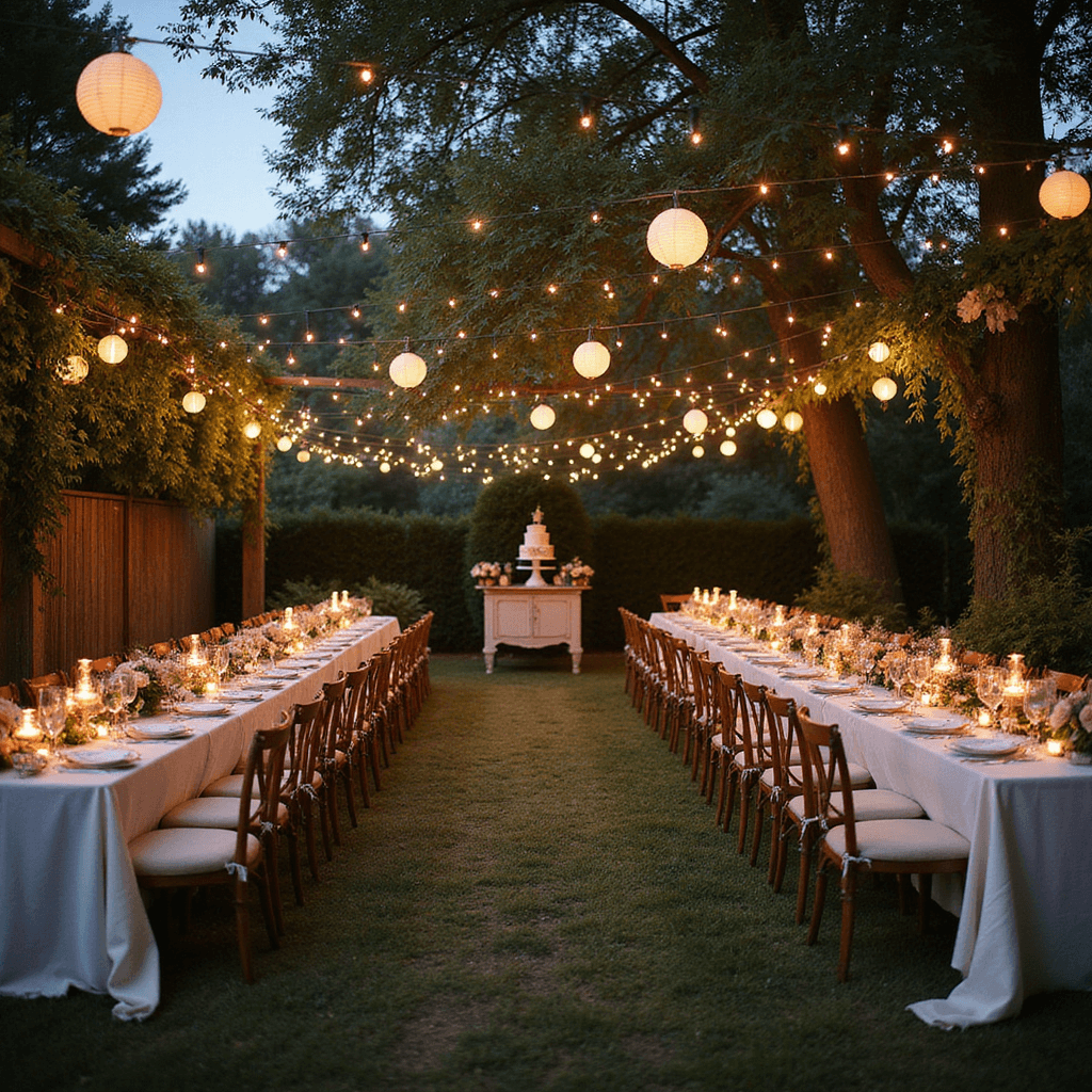 A whimsical twilight garden party featuring long farmhouse tables adorned with cream linens, peach garden roses, and golden candlesticks, all illuminated by fairy lights and paper lanterns. A vintage beverage cart serves champagne, flanked by velvet poufs and vintage armchairs around a central cake display, all captured during blue hour with warm lighting.