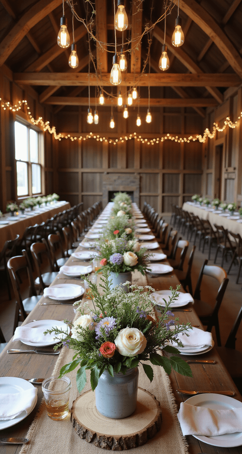 A rustic barn interior with exposed wooden beams adorned with fairy lights. Long farm tables with burlap runners feature wildflower centerpieces in weathered metal vessels atop wood slice chargers. Mason jar candles add warm light, while dried flowers and vintage Edison bulbs hang overhead.