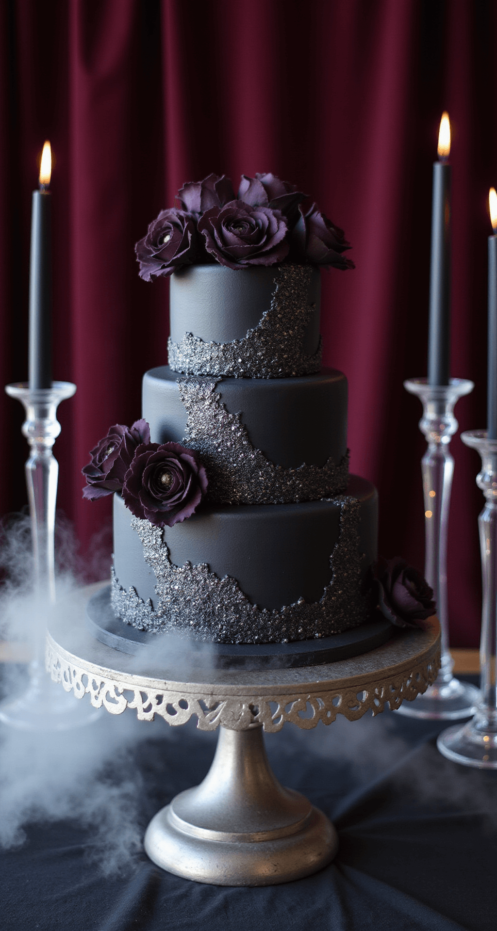 A three-tier black wedding cake with silver details and dark purple sugar flowers, set on a silver stand against a burgundy backdrop, with dry ice fog and crystal candelabras.