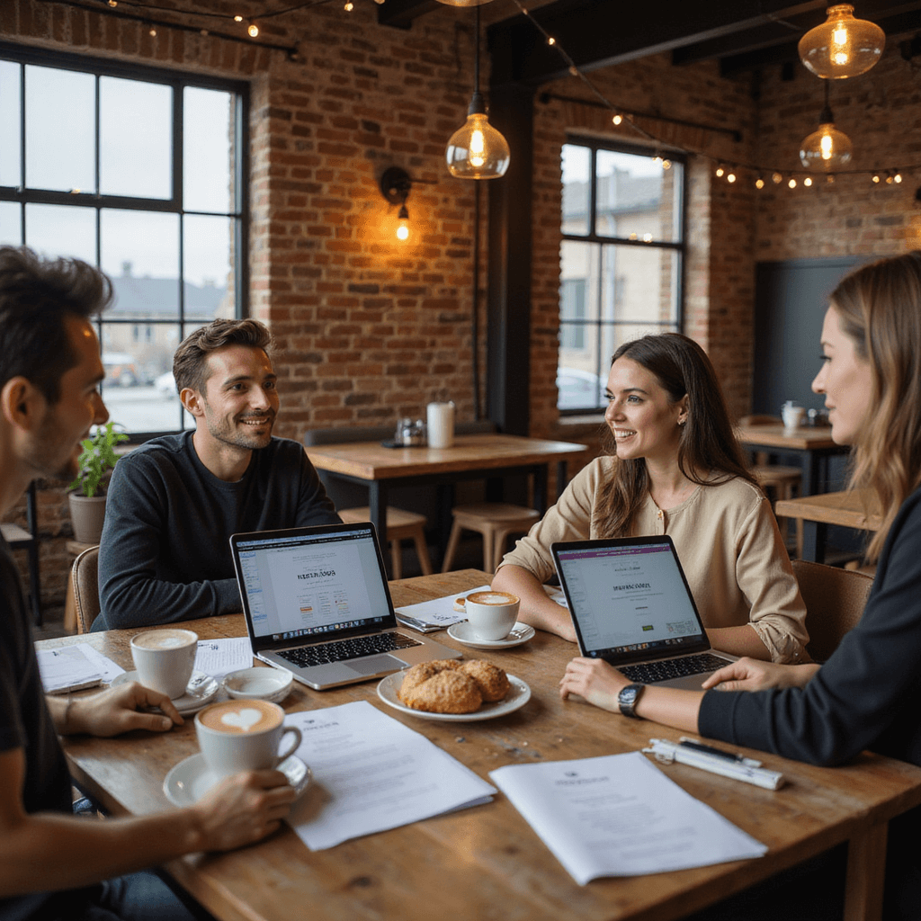 A tech-savvy couple meets with a wedding planner in an industrial chic coffee shop featuring exposed brick and pendant lighting. Three laptops showcase various digital invitation platforms amid latte art, pastries, and paper samples. String lights in the background add a bokeh effect.