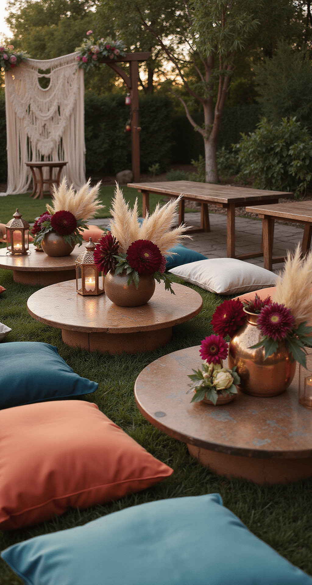 Bohemian garden party with low tables, jewel-toned cushions, pampas grass, protea, dahlias in ceramic vases, Moroccan lanterns, copper accents, and a macramé floral backdrop.