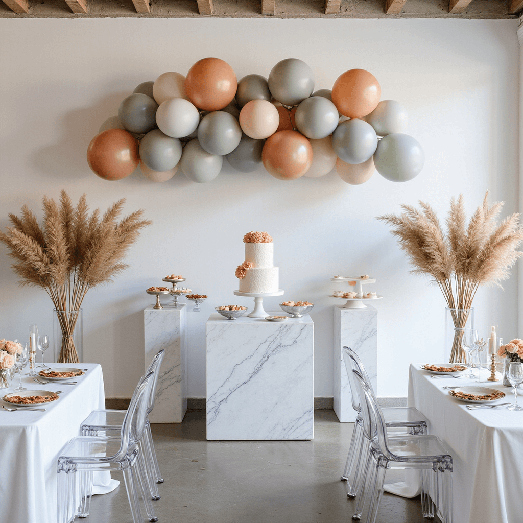 A modern minimalist celebration in a light-filled loft, featuring a geometric pastel balloon installation, a marble dessert station with a contemporary single-tier cake on a lucite stand, ghost chairs around white silk tables with metallic accents, and dried pampas grass arrangements, all captured to highlight architectural symmetry.