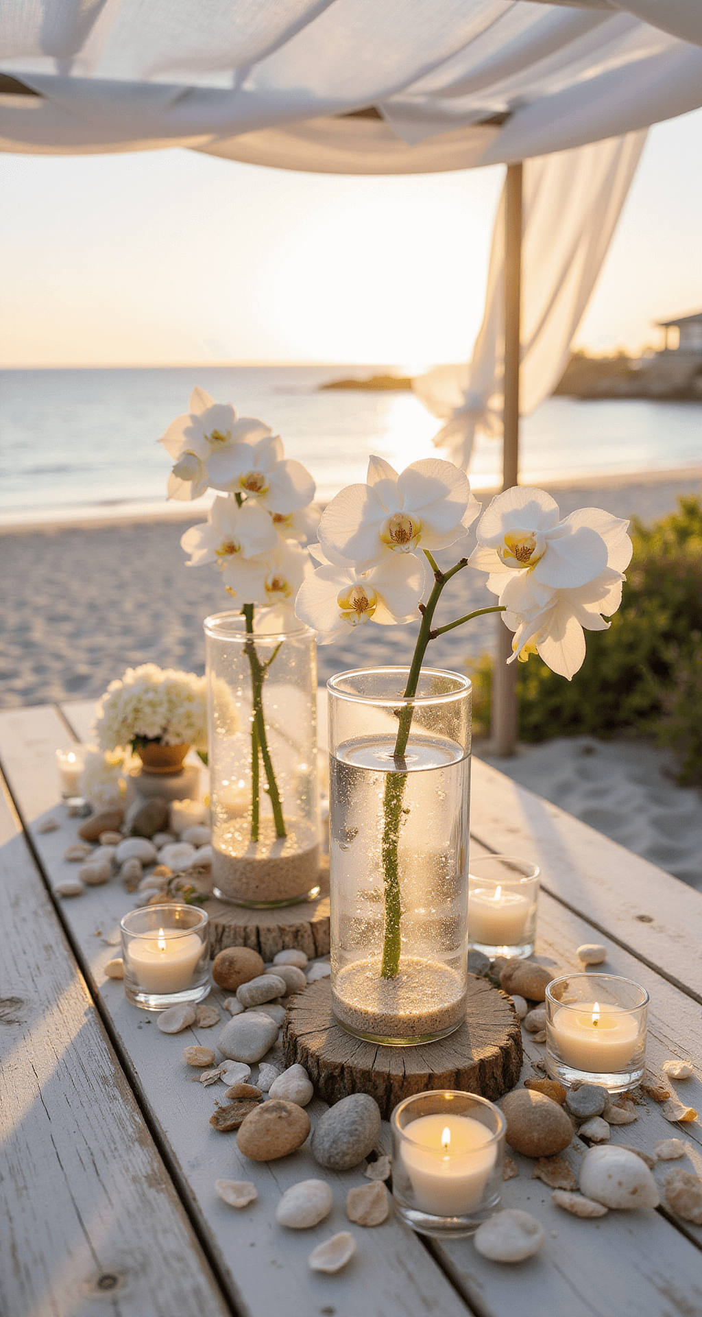 Beachfront sunset scene with white-washed wooden tables adorned with floating candle hurricanes, orchids, sea glass, and clear vessels of sand and shells, under a billowing gauzy white fabric cabana.