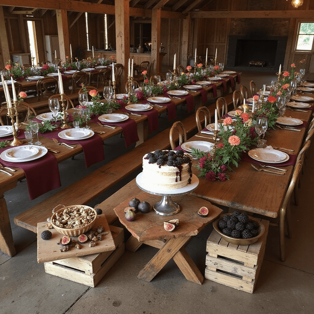 Aerial view of a rustic barn adorned for a cozy autumn celebration, featuring wooden harvest tables with burgundy runners, vintage brass candlesticks, and floral arrangements of dahlias and ranunculus. A dessert display on reclaimed crates includes a naked cake topped with fresh figs and blackberries, highlighting the warm color palette.