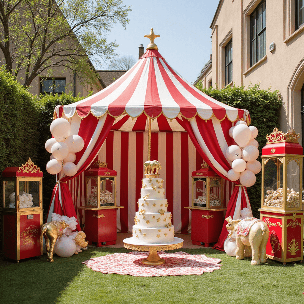 A vibrant circus-themed courtyard celebration featuring a tiered cake adorned with gold elephants and stars inside a striped dessert tent, vintage popcorn machines, and cotton candy stands. Red and white balloon arches frame play areas, while brass carousel animals add whimsical decor, all captured from a child's eye level.