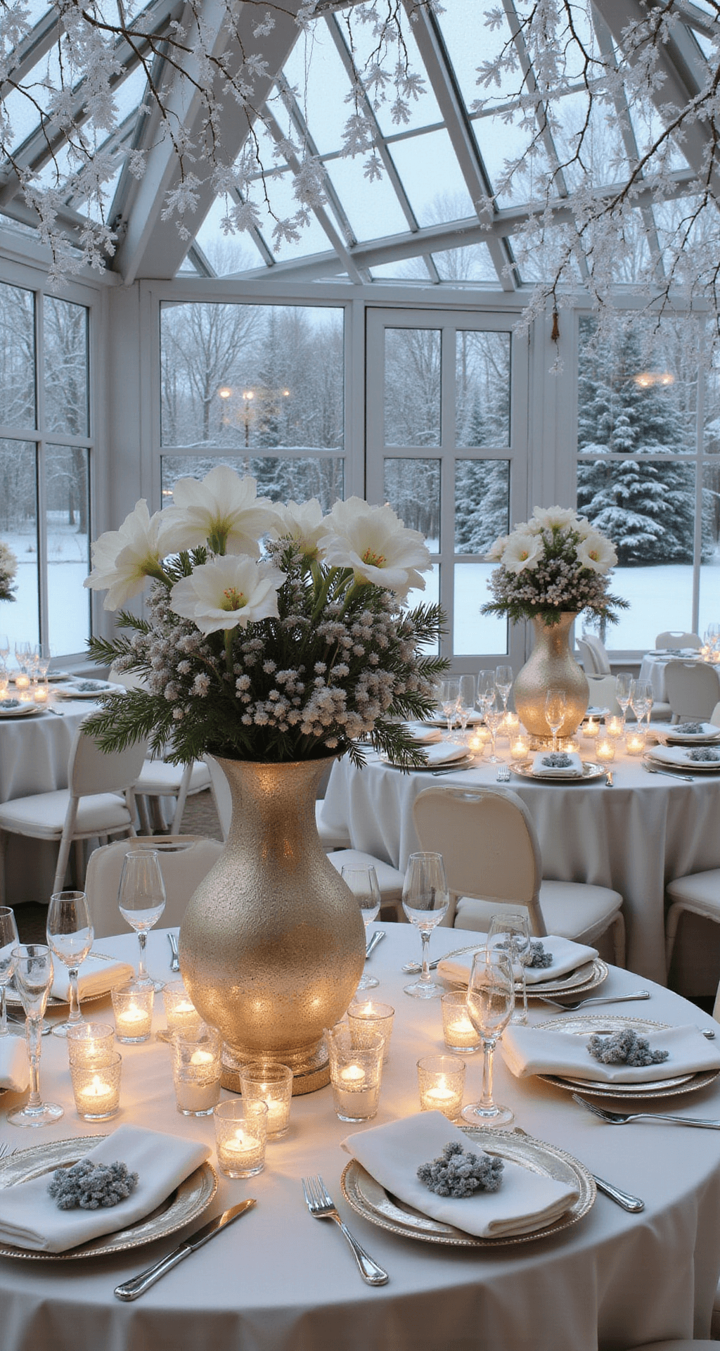 A glass conservatory decorated as a winter wonderland, featuring white amaryllis, silver brunia berries, and frosted pine boughs in mercury glass vessels. White velvet linens and silver chargers reflect light from crystal snowflakes overhead. Soft cool uplighting enhances the icy ambiance with white branch installations and hanging glass ornaments. Large greenhouse windows reveal a snowy landscape outside.