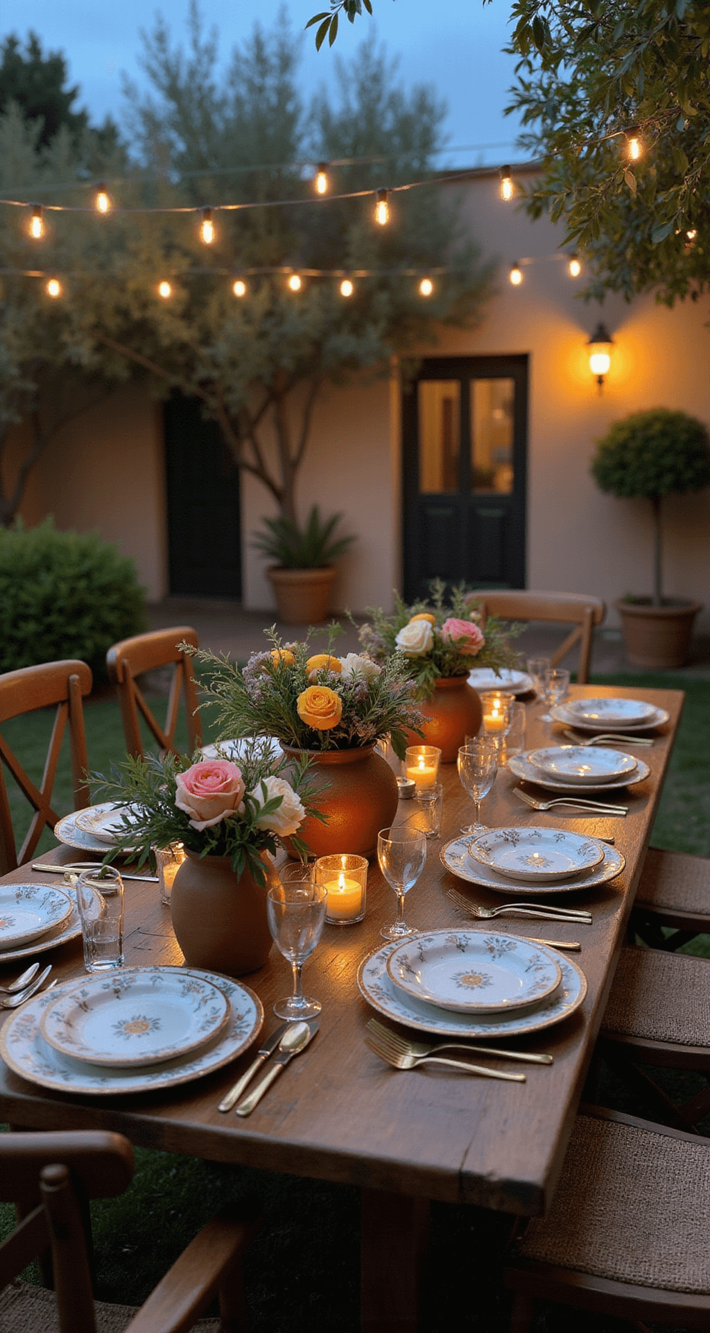 A cozy courtyard dinner party with a Mediterranean theme, featuring a vintage wooden table adorned with café lights hanging from olive trees, terracotta centerpieces overflowing with garden roses and herbs, hand-painted tile chargers, and glowing candles in brass candlesticks during blue hour.