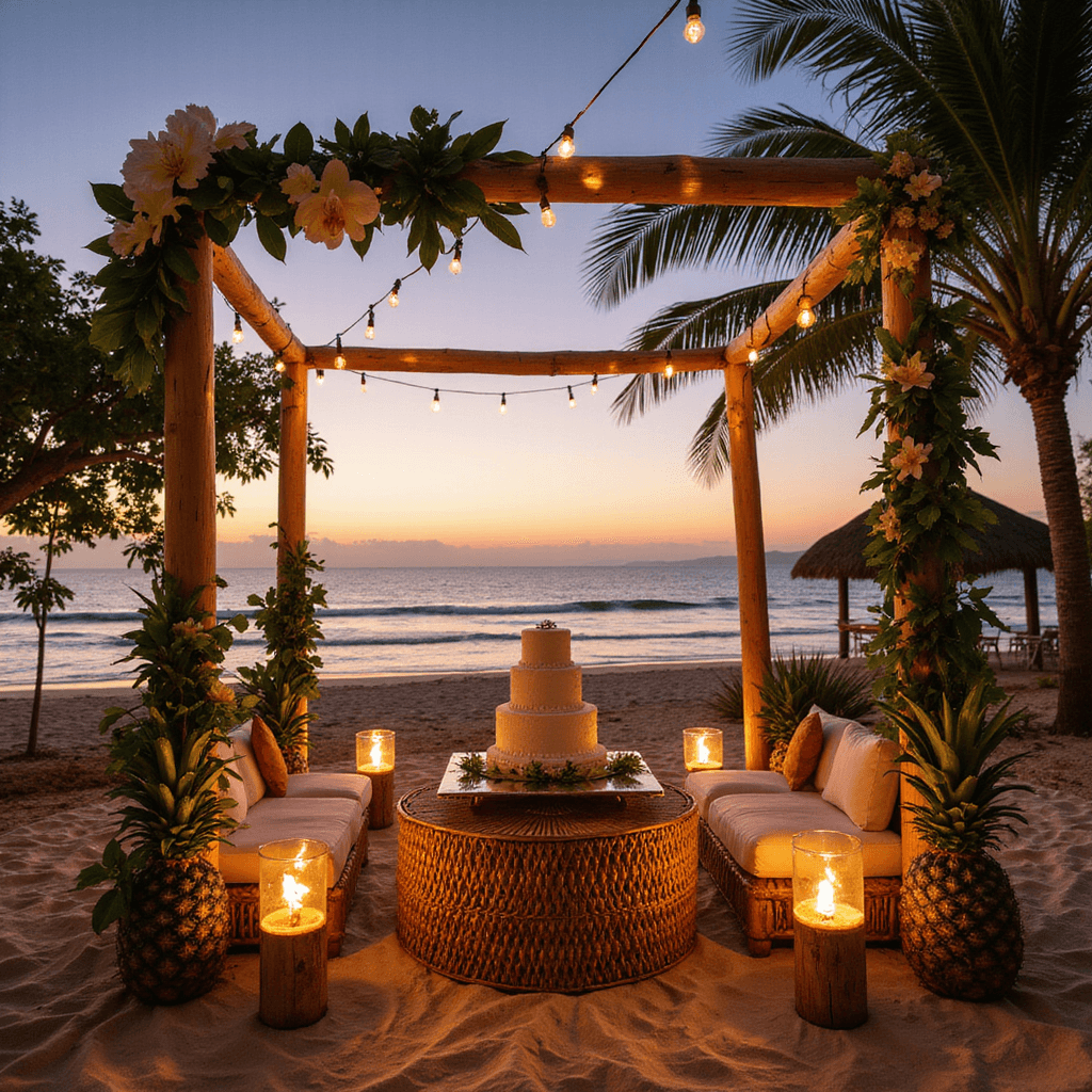 A tropical paradise on a private beach at sunset, featuring a bamboo arch with monstera leaves and orchids, a two-tier coconut cake display, low rattan tables with cushions, palm fronds, and pineapples, illuminated by tiki torches and string lights, all captured in a wide-angle shot.