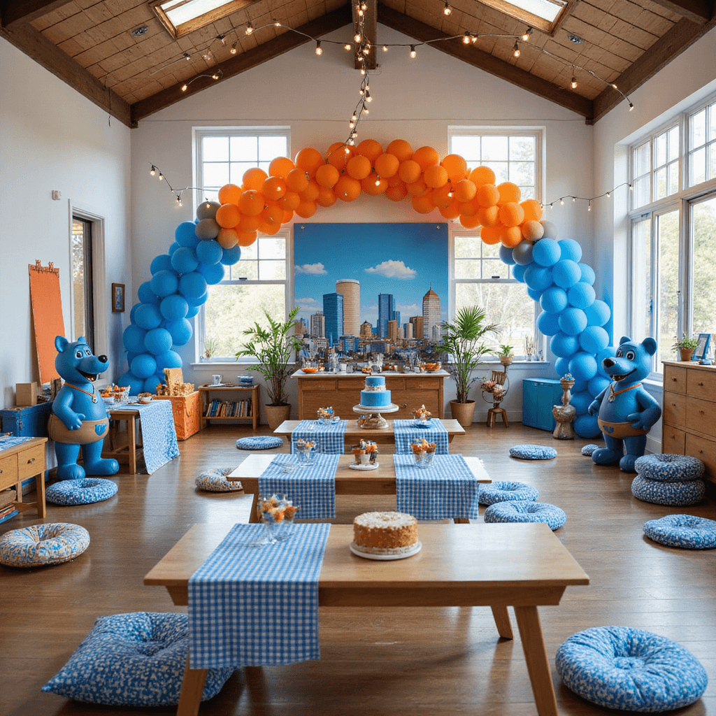 Bluey Birthday Party: The Ultimate Guide to a Pawsome Celebration! A vibrant indoor playroom set for a Bluey-themed party, showcasing a blue and orange ombré balloon arch, life-size Bluey cutouts, Australian-patterned cushions, a dessert table with a Brisbane cityscape backdrop, and twinkling fairy lights overhead.