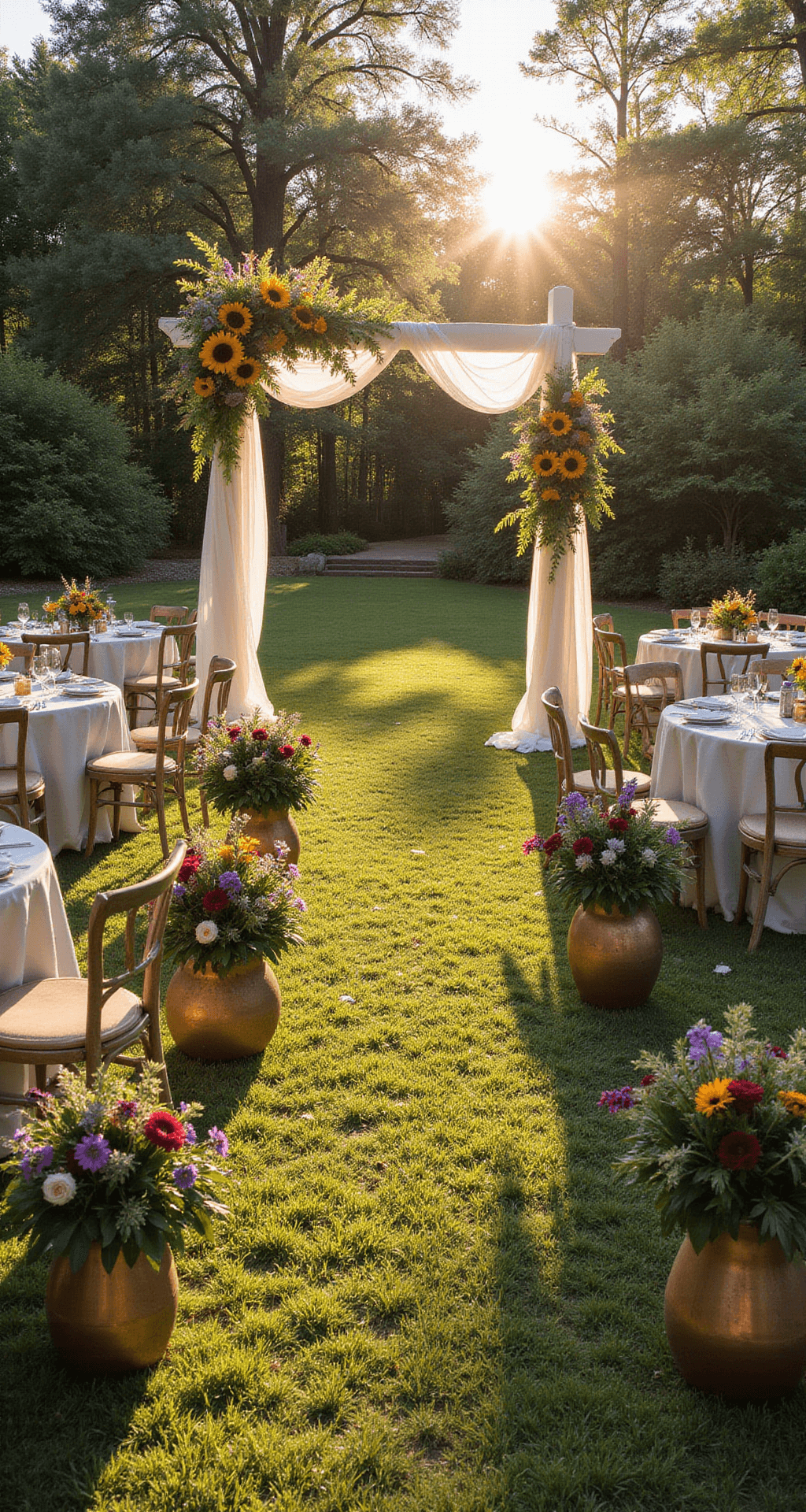 Summer Wedding Flowers: Your Ultimate Guide to Blooming Brilliance A sunlit garden ceremony setup at golden hour with a white arch framed by sunflowers and delphiniums, round tables with copper vases of summer blooms, and vintage chairs under tree canopies.