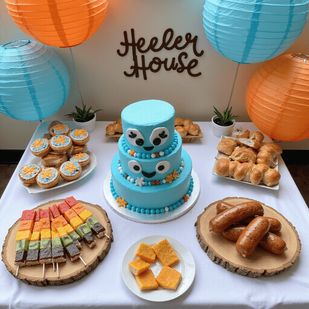 Bluey Birthday Party: The Ultimate Guide to a Pawsome Celebration! Overhead view of a whimsical dessert spread featuring a three-tiered Bluey cake, character cookies, rainbow fruit skewers, and sausage rolls on wooden boards, with blue and orange paper lanterns and 'Heeler House' signage above.