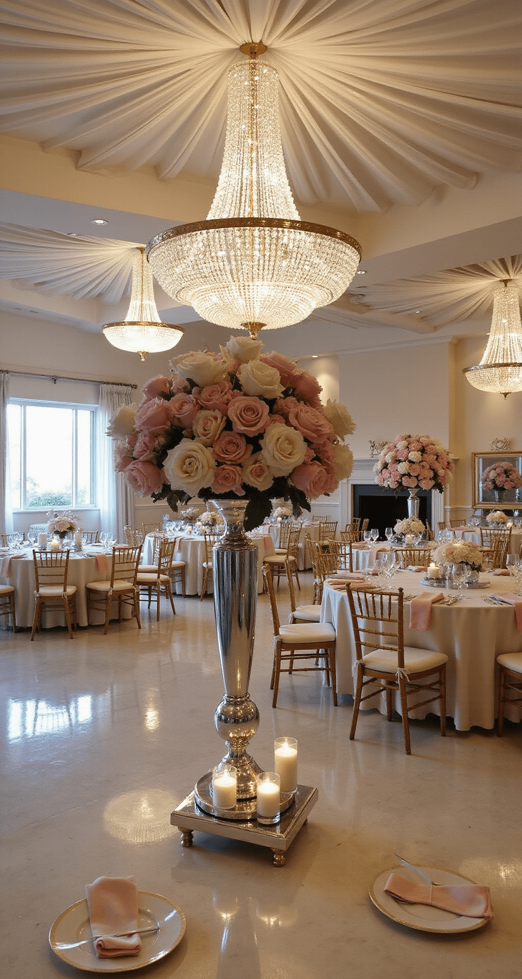Summer Wedding Flowers: Your Ultimate Guide to Blooming Brilliance Elegant ballroom reception with crystal chandeliers, pink and white floral centerpieces, ivory silk tablecloths, and a romantic candlelit ambiance.