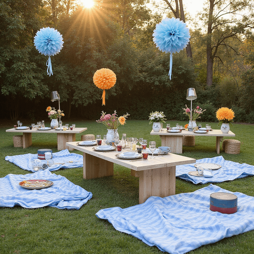Bluey Birthday Party: The Ultimate Guide to a Pawsome Celebration! A picturesque garden party setup during golden hour, showcasing blue and white striped picnic blankets, low tables with character-themed place settings, and activity stations for 'Keepy Uppy'. Tissue paper pompoms in sky blue and sunset orange flutter in the breeze, alongside Australian native flowers arranged in ceramic vases.