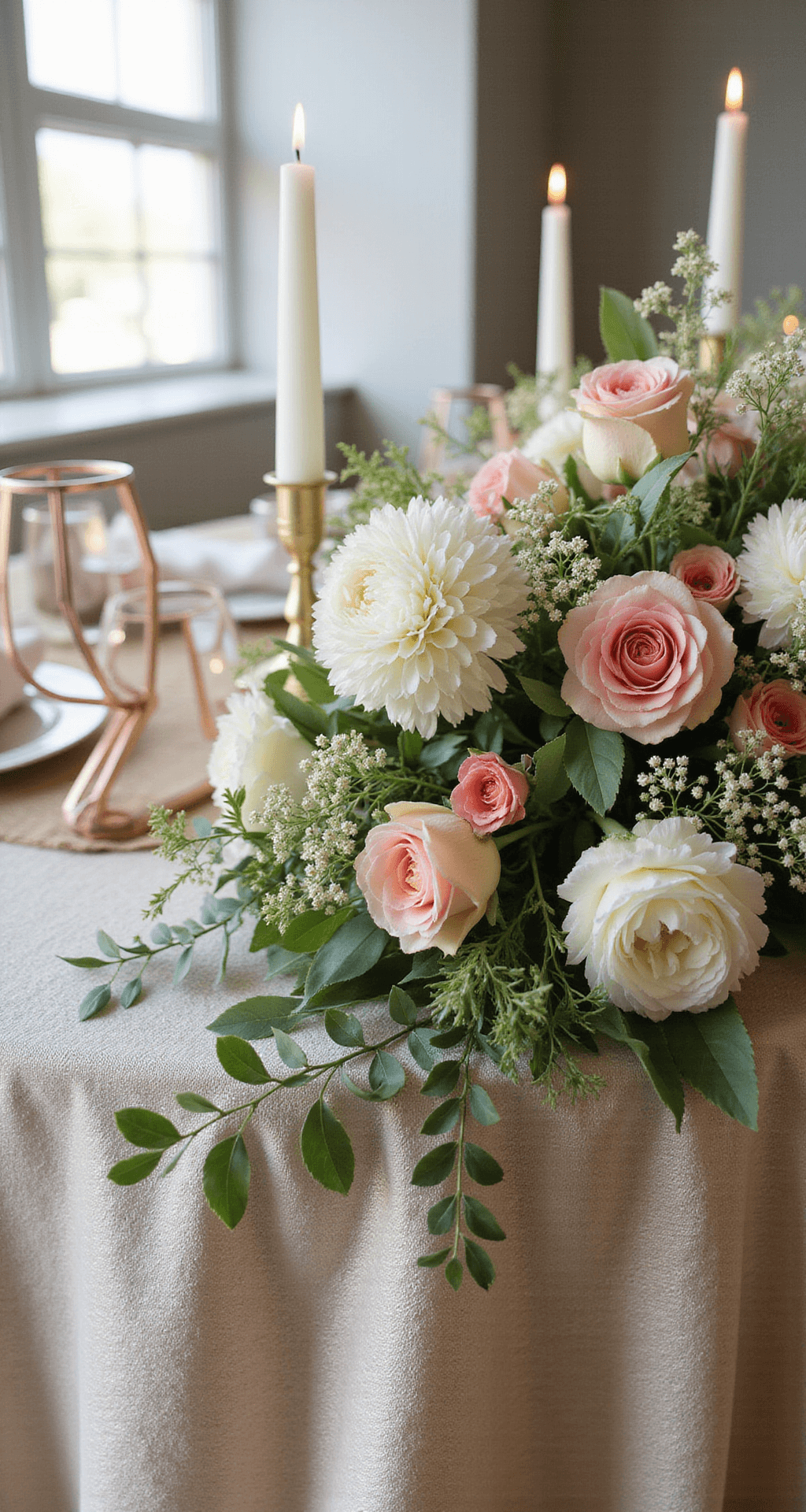 Summer Wedding Flowers: Your Ultimate Guide to Blooming Brilliance Lush sweetheart table with butterfly ranunculus, astilbe, and Queen Anne's lace over sequin linen, accented with rose gold candle holders and bud vases in natural light.