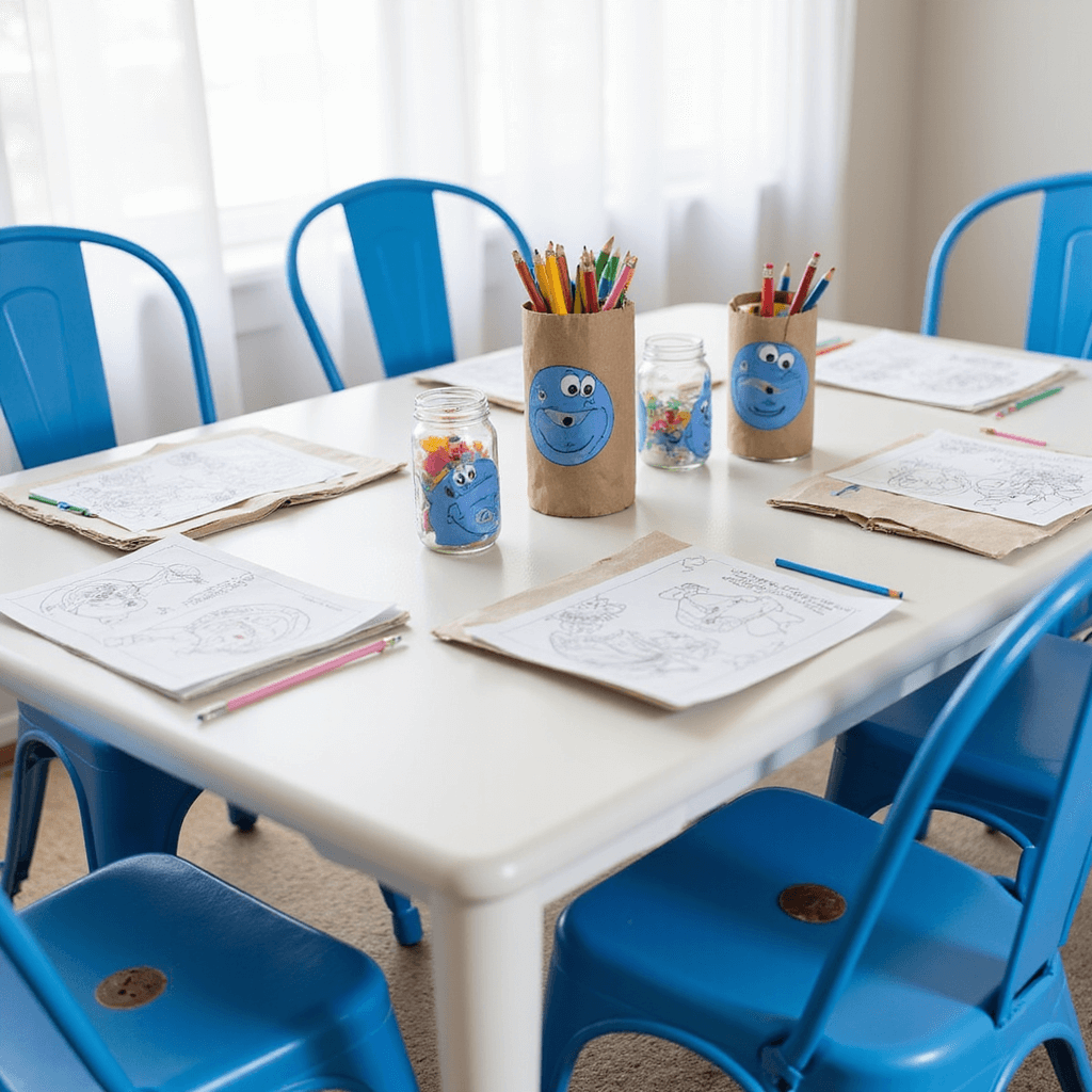 Bluey Birthday Party: The Ultimate Guide to a Pawsome Celebration! Close-up detail of a children's craft activity table featuring blue metal chairs and a white table adorned with mason jars of colored pencils, character coloring sheets, and handmade party favor bags with Bluey's face, illuminated by natural light through sheer white curtains.