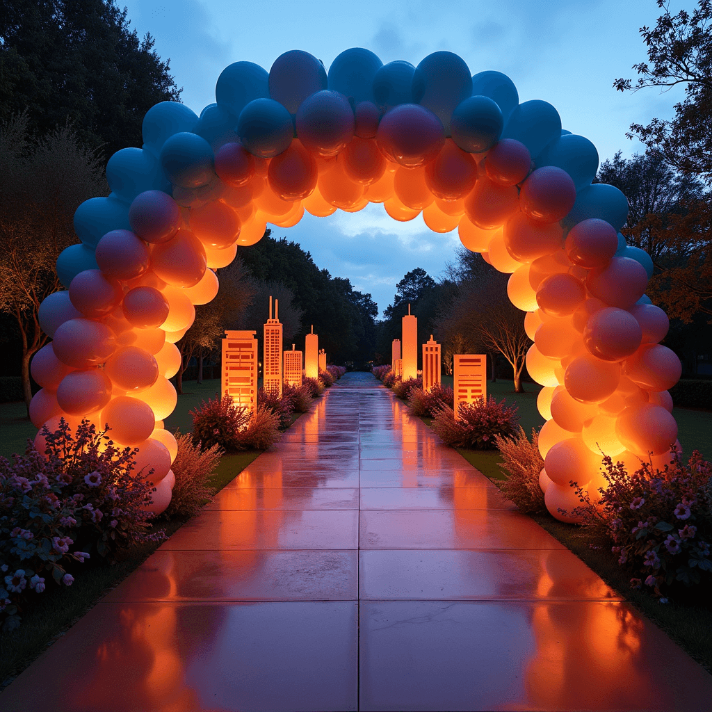 Bluey Birthday Party: The Ultimate Guide to a Pawsome Celebration! Dramatic evening view of a party entrance with a balloon tunnel in blue to orange shades, LED lights illuminating the path, and cardboard cutouts of Brisbane buildings creating a cityscape, framed by oversized paper flowers and eucalyptus garlands.