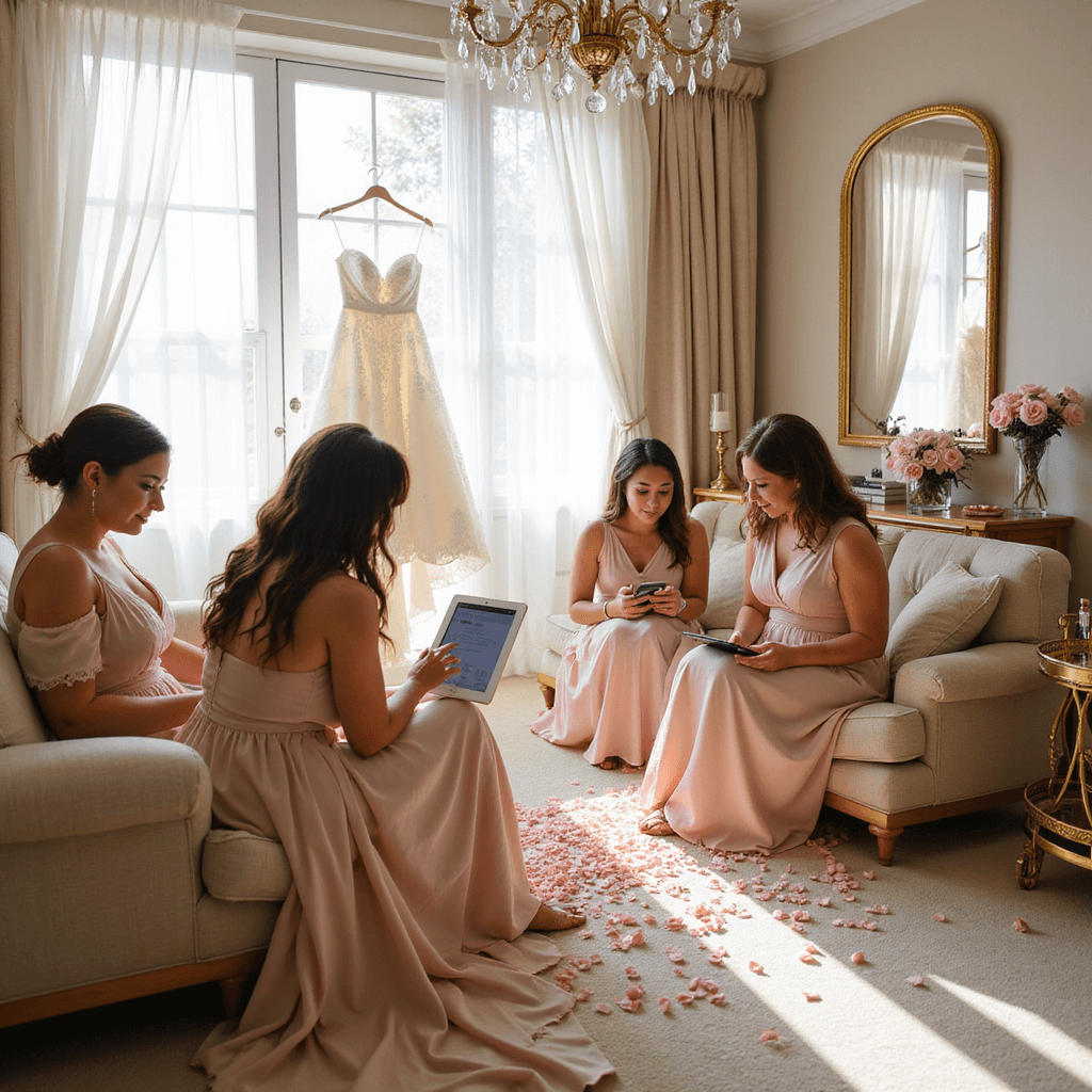 Bridesmaids in an elegant bridal suite gather around tablets, reacting to digital invitations. Sunlight filters through sheer white curtains, with a champagne cart and rose petals on a plush cream carpet. A wedding dress hangs in the background, with gold-framed mirrors, crystal chandeliers, and soft pink floral arrangements completing the scene.