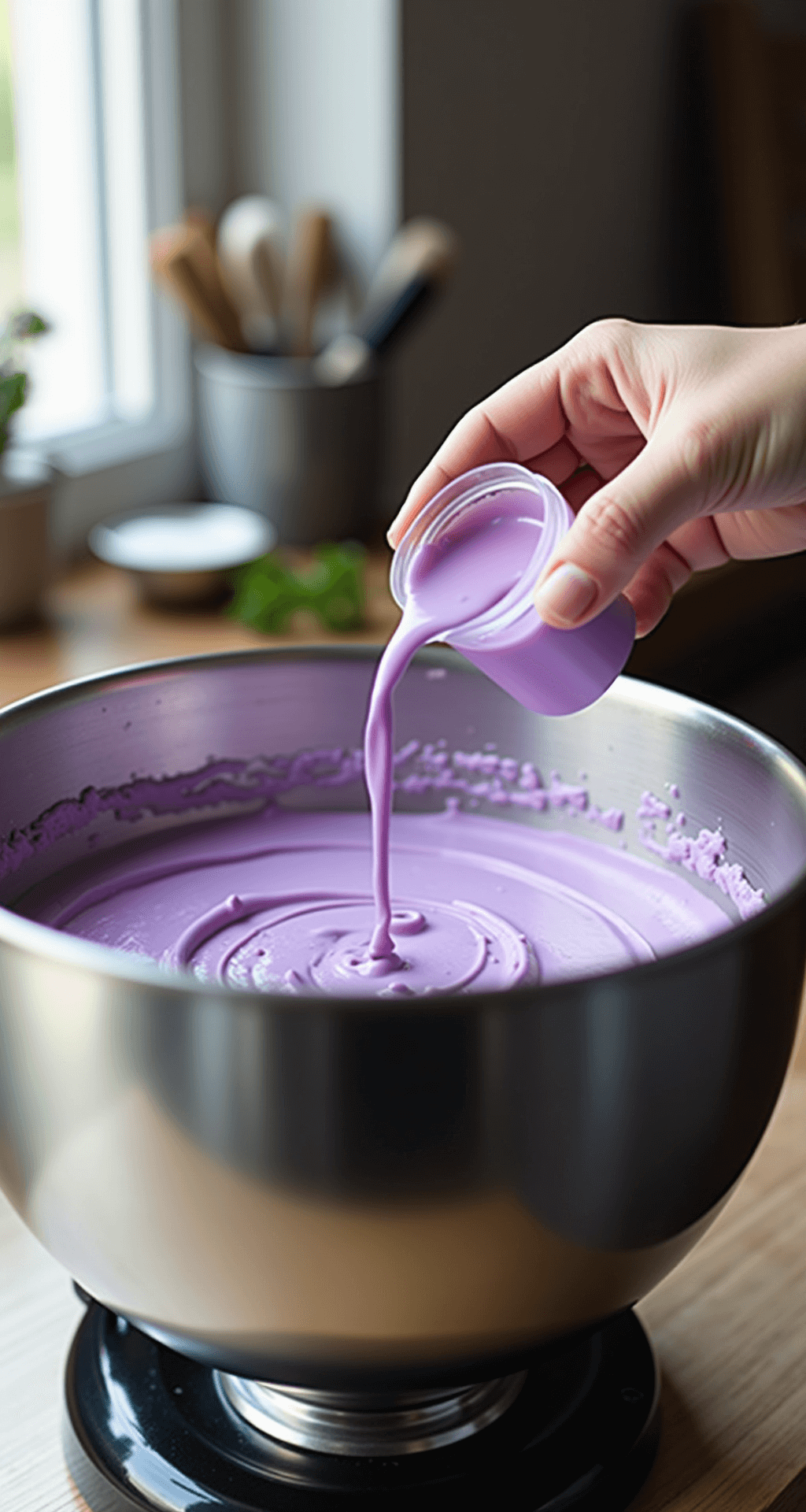 Close-up of hands adding purple gel food coloring to cake batter in a stainless steel bowl, illuminated by soft natural light, with baking tools and ingredients in the background.