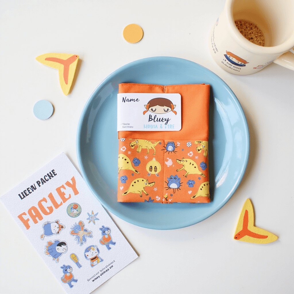Bluey Birthday Party: The Ultimate Guide to a Pawsome Celebration! Flat lay of a child's party place setting with a blue enamel plate, an orange napkin featuring character wrap, a custom name card adorned with Bluey illustrations, an activity pack embellished with Australian animal stickers, and scattered confetti along with tiny paper boomerangs.