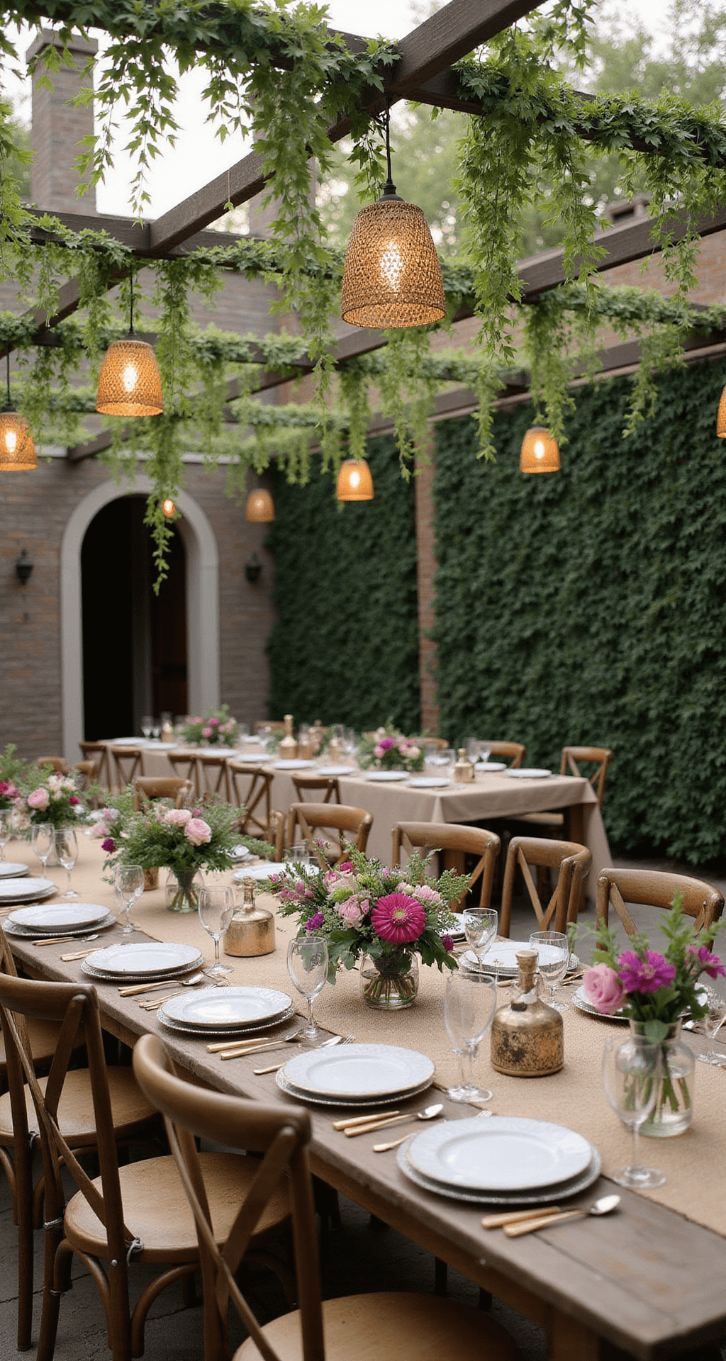 Summer Wedding Flowers: Your Ultimate Guide to Blooming Brilliance An outdoor courtyard dinner with long tables, vibrant flower arrangements, hanging rattan lights, and vintage decor.