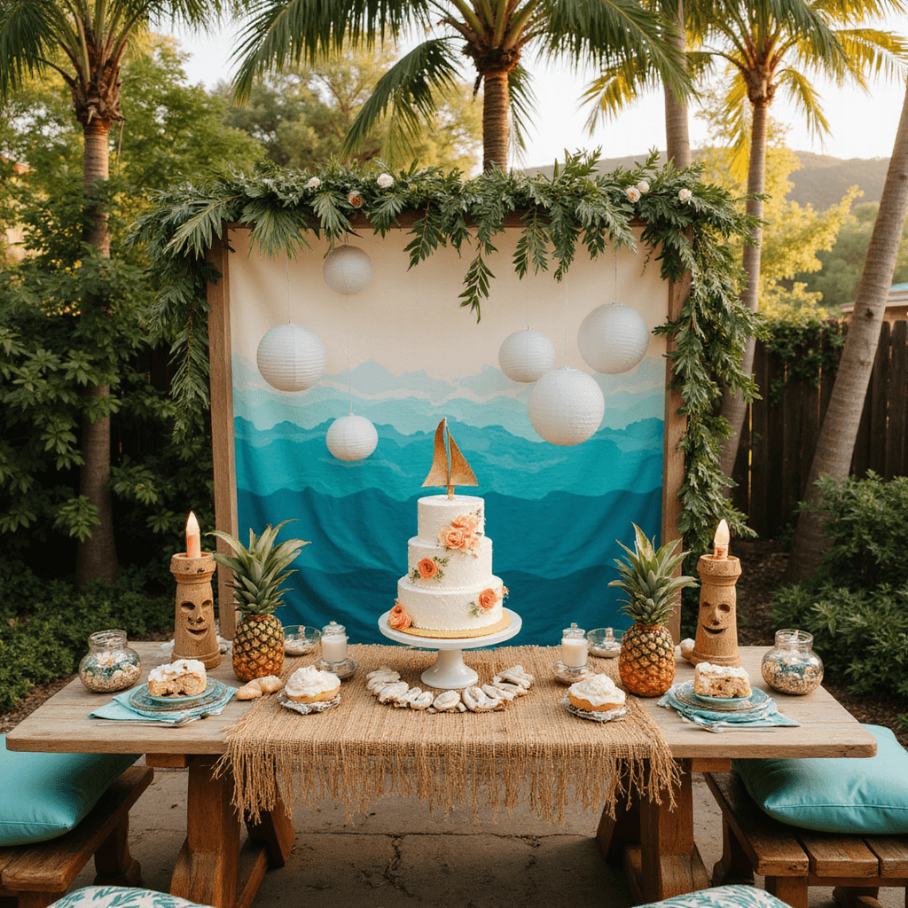 A vibrant Polynesian-themed backyard setup at golden hour, featuring a hand-painted ocean wave mural, floating lanterns, a dessert table with a Moana-themed cake, tiki torches, and tropical decor, all illuminated by soft afternoon light.