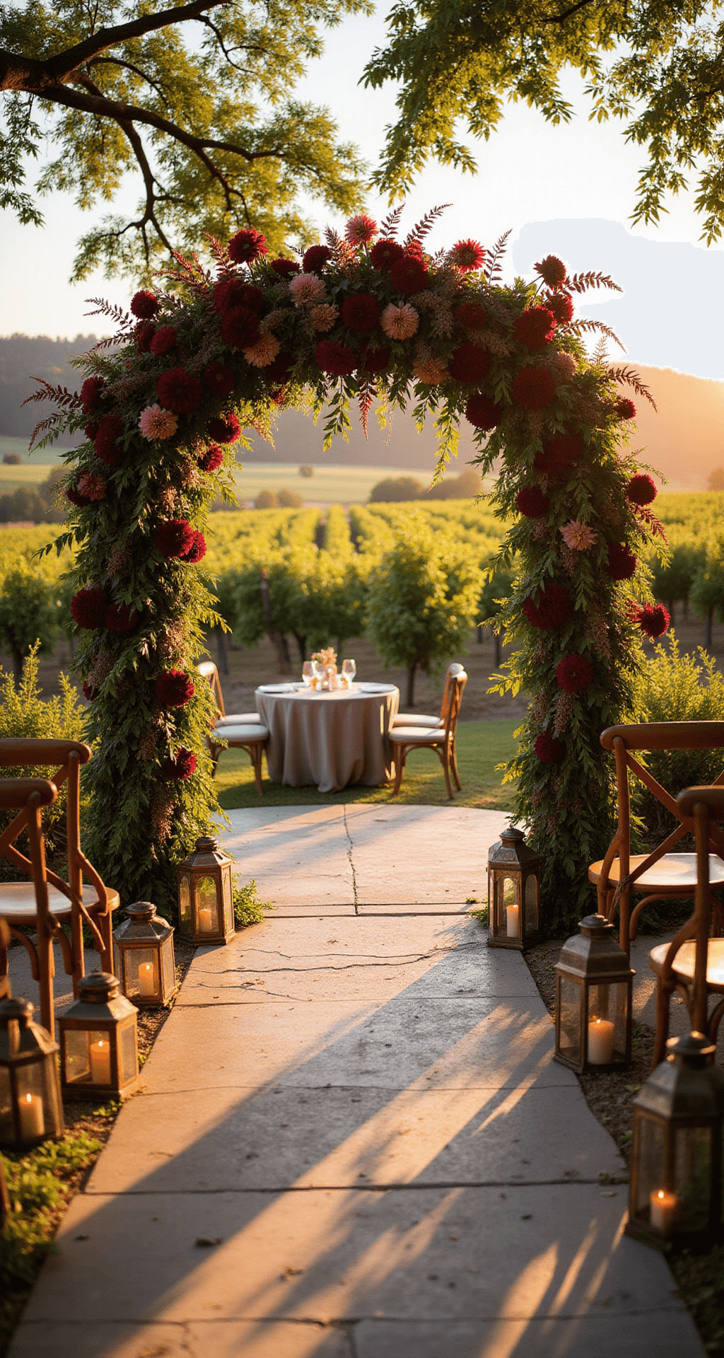 A vineyard wedding ceremony during golden hour with a floral arch of burgundy dahlias and chocolate cosmos silhouetted against the sunset; cross-back chairs with autumn bouquets, brass lanterns, and warm light filtering through grape vines.