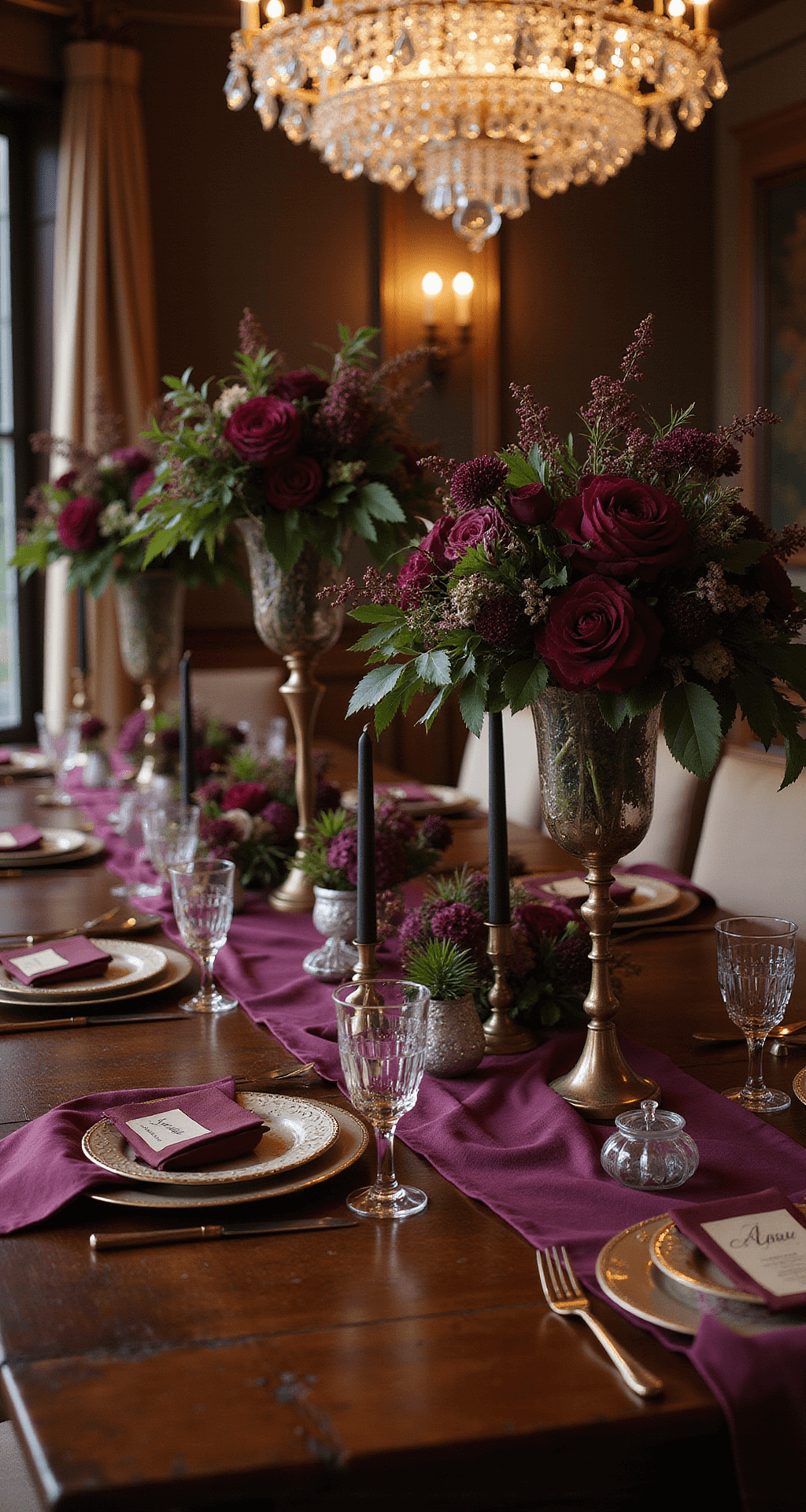 A luxurious indoor ballroom reception setup with a mahogany table draped in deep purple velvet, adorned with plum and burgundy florals, brass candlesticks with black candles, and gold-rimmed chargers, all under warm chandelier lighting.