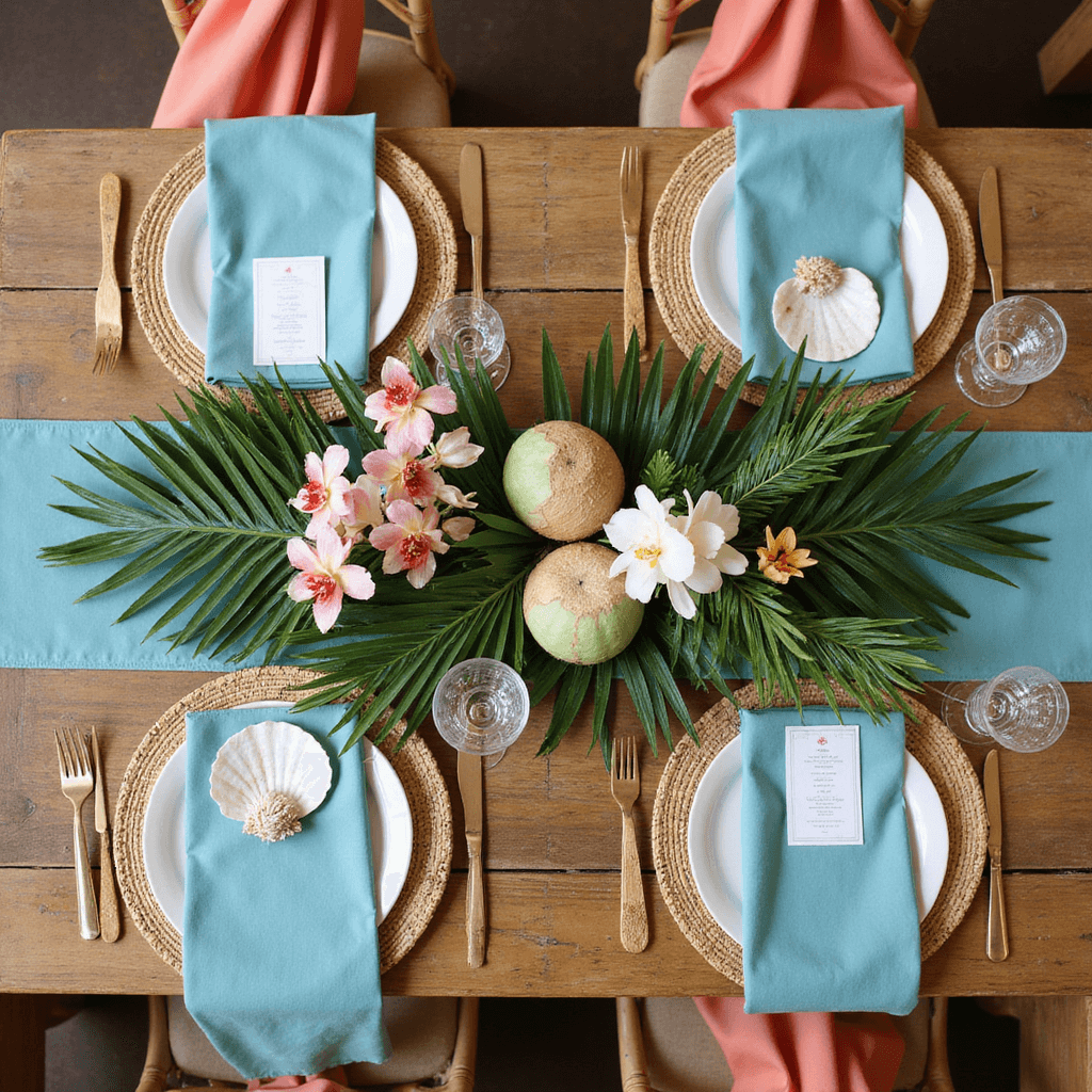 Overhead view of a tropical tablescape featuring aqua blue linens, bamboo place settings, hand-woven grass chargers, and a centerpiece of orchids and monstera leaves with painted coconuts. Custom shell name cards on mother-of-pearl plates, alongside natural rattan chairs with coral sashes, all captured in bright midday lighting.