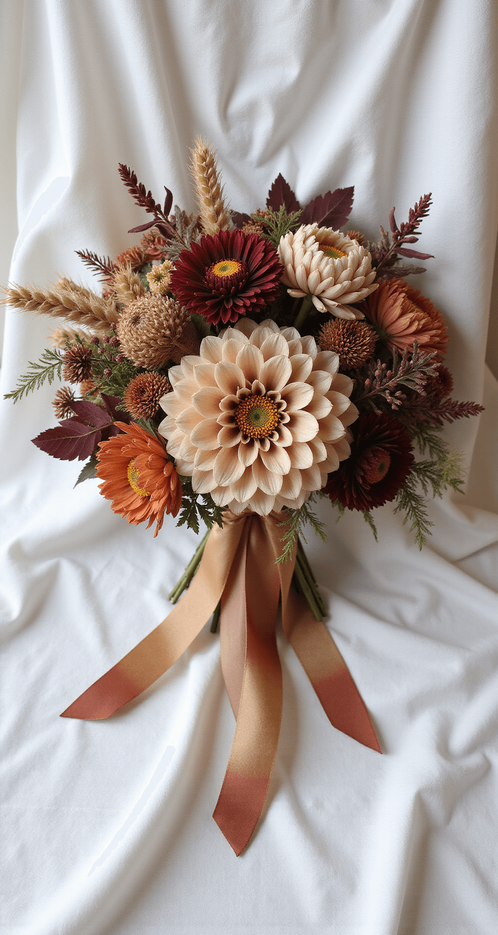 Flat lay of a bridal bouquet with cafe au lait dahlias, chocolate cosmos, rust amaranth, dried wheat, burgundy oak leaves, and wild berries on ivory silk, adorned with an ombre silk ribbon from blush to rust, highlighted by natural light.