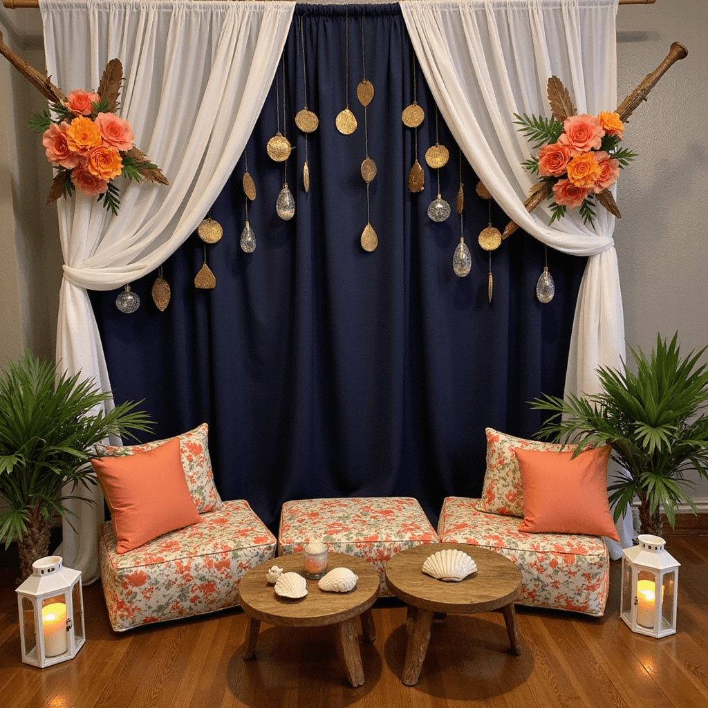 Intimate photo booth vignette with a navy backdrop featuring metallic gold geometric shapes and white sheers, styled with wooden oars, handcrafted paper flowers in sunset hues, suspended crystal baubles, tropical print cushions, low tables with conch shells and lanterns, and warm accent lighting.