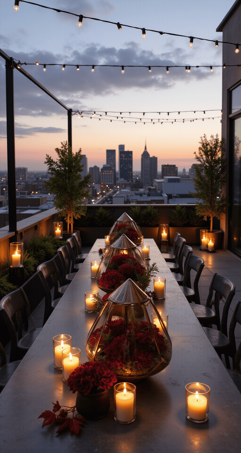 A modern rooftop garden party at dusk with industrial and organic autumn decor, featuring metal terrariums with burgundy and copper flowers on concrete tables, string lights overhead, glass hurricanes with candles around the edges, and city lights twinkling beneath a purple and orange sunset.