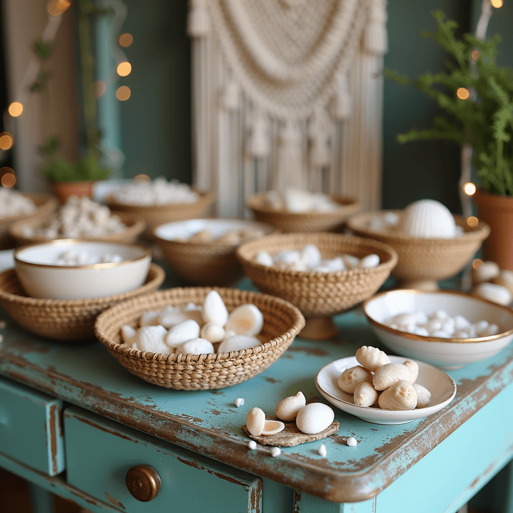 Detail shot of a vintage wooden table with a distressed turquoise finish showcasing a DIY shell crown making area, featuring organized craft materials in woven baskets, natural shells, pearls, and ribbons in ceramic bowls with gold trim, set against a backdrop of a macramé hanging with intertwined fairy lights, all captured in soft focus to highlight textures and dimensions.