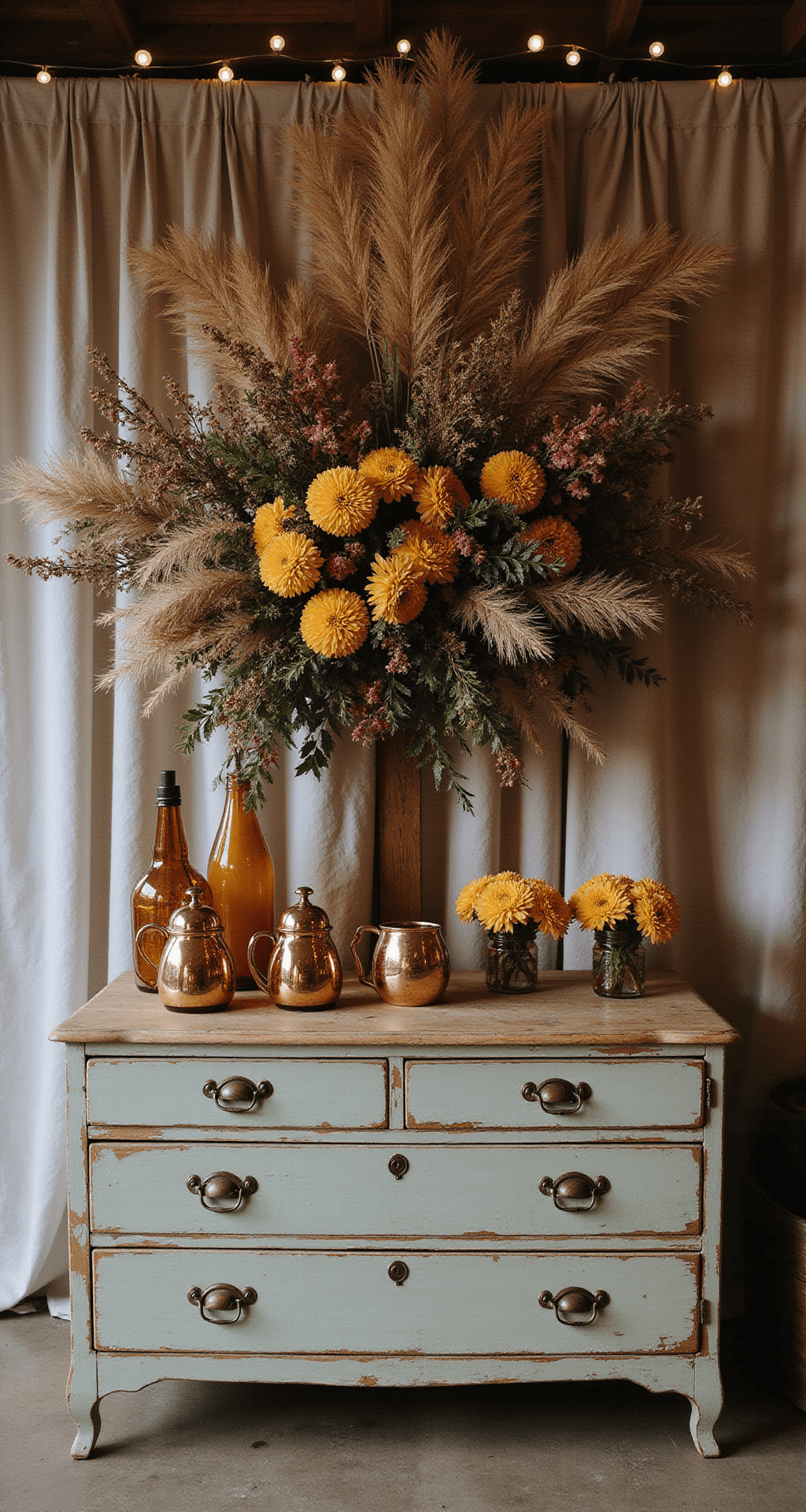 A rustic barn wedding cocktail hour with a vintage dresser drink station, copper Moscow mule mugs, amber decanters, yellow chrysanthemums in mason jars, fairy lights through sheer drapery, and an autumn floral installation of dried flowers and grasses in warm lighting.