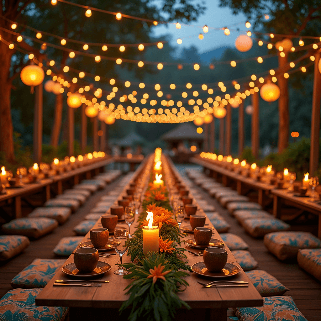A wide shot of a kids' dining area at dusk, featuring picnic-style long low tables with tropical print cushions, string lights and paper lanterns overhead, coconut cups, leaf-shaped plates, bamboo utensils, LED flameless tiki torches, and a center runner of fresh tropical foliage and bright blooms.